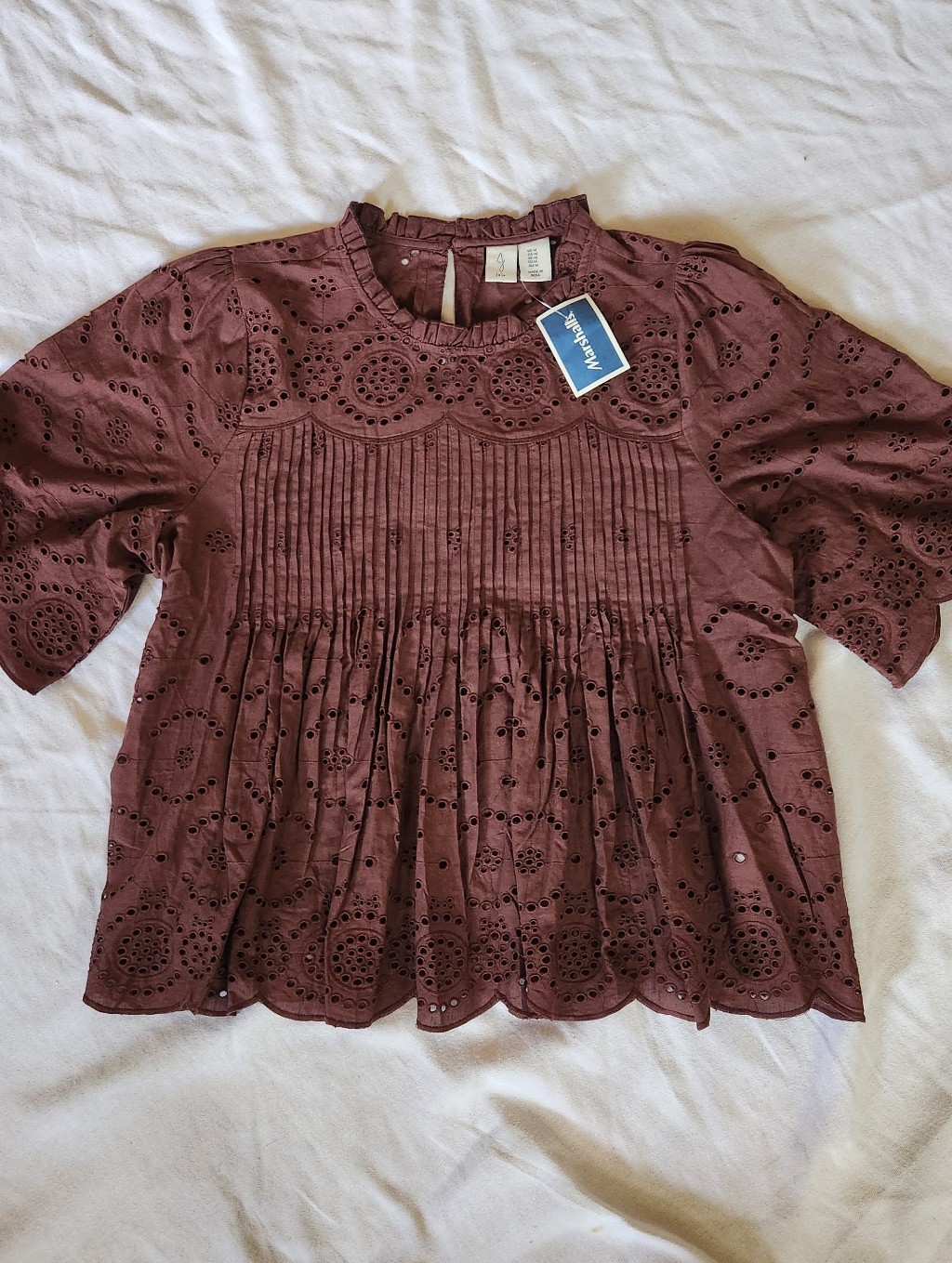 Joie Eyelet Crop Top Brown Puff Sleeve Small Boho Nwt